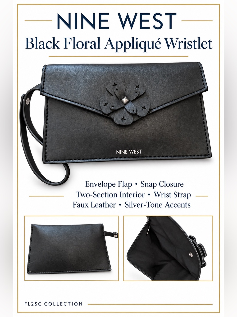 Nine West Black Floral Appliqué Wristlet
